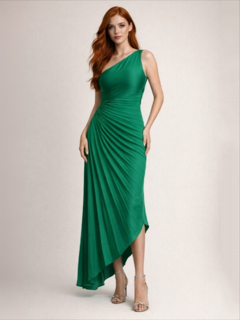 House of Harlow 1960 One Shoulder Green Midi Dress Pleated Hem S